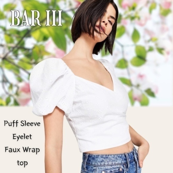 BAR III Short Puff Sleeve Sweetheart Neck Eyelet Faux Wrap Top NWT/White/14 - Picture 1 of 9